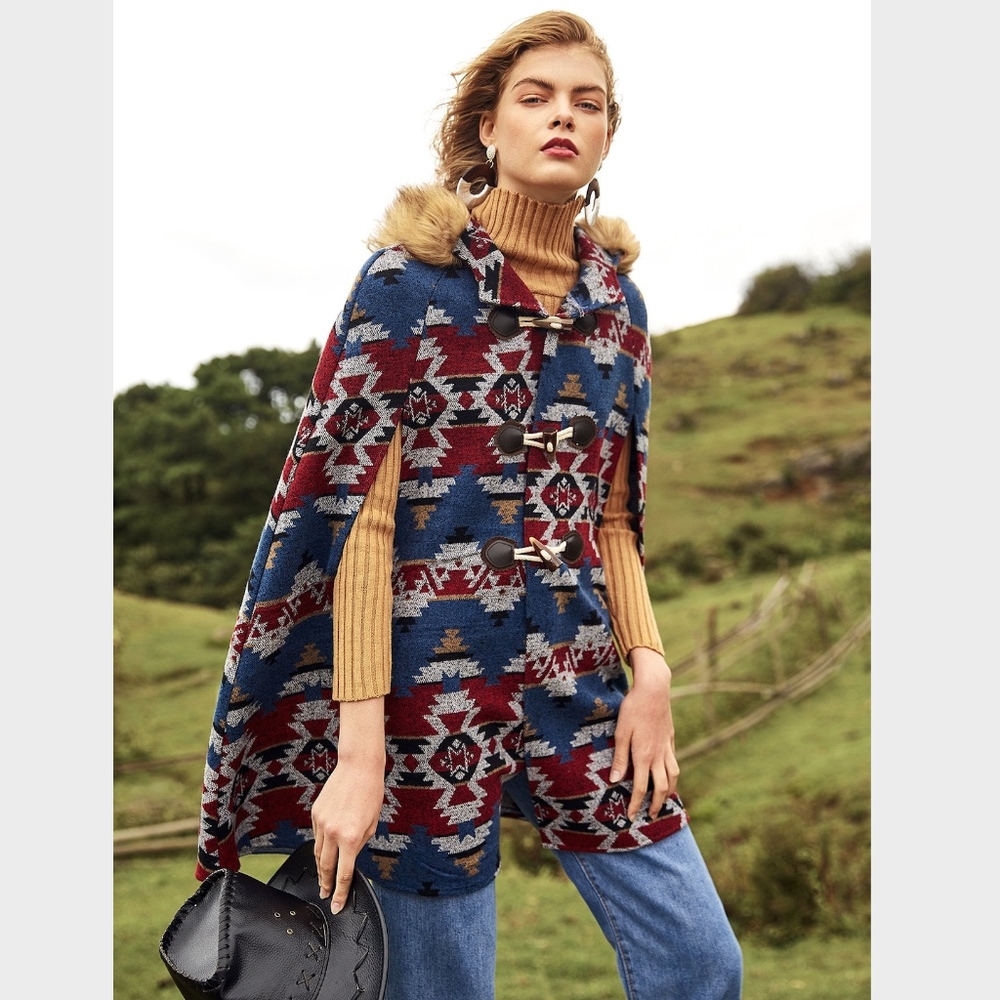 Hooded Boho Cape Faux Fur Aztec Print - Picture 6 of 8